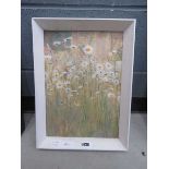 Wendy Sinclair oil on board of meadow flowers with buildings in background
