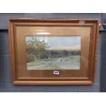 Framed and glazed print of sheep in country lane