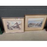 Two sturgeon prints, cart of lane and building and bridge