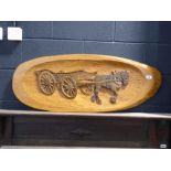 Carved wooden wall plaque depicting an Oxfordshire wagon by Trippas, 1983