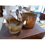 (5) Single handled copper bucket, together with a ceramic handled copper and brass coal scuttle