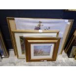 Approx. 5 various pictures including a floral canvas, cottage scene and an equestrian scene