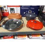 4 pieces of cookware comprising of Le Creuset, large wok style pan, together with 3 other various