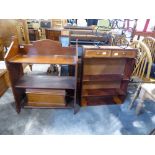 Mahogany open fronted bookcase, together with a further open fronted bookcase having 2 small drawers