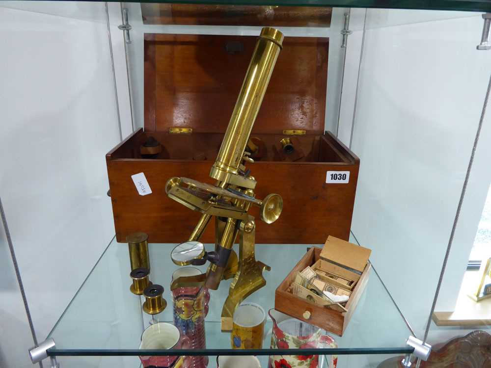 J. H. Steward, 408 Strand, London brass microscope in fitted wooden case with various accessories