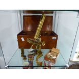J. H. Steward, 408 Strand, London brass microscope in fitted wooden case with various accessories