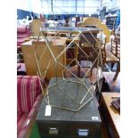 Brass lattice work occasional table with black glass hexagonal surface