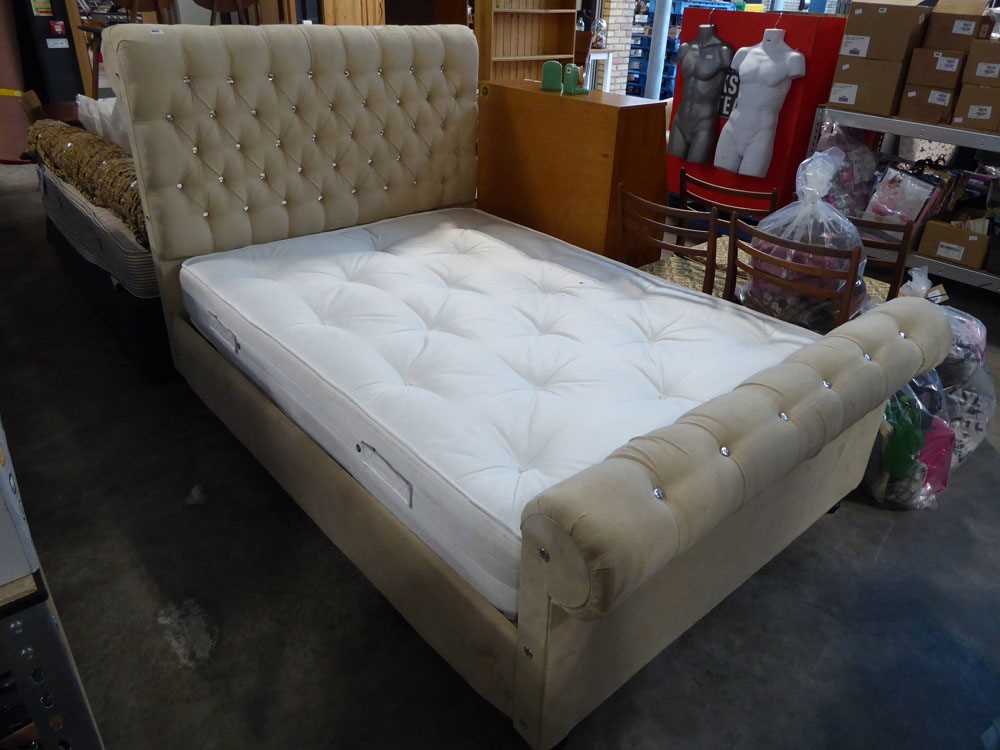 Cream suede button back upholstered double bed frame with mattress