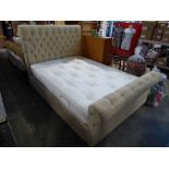 Cream suede button back upholstered double bed frame with mattress