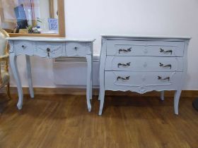 Blue painted bedroom suite comprising 3 drawer chest, side table and 2 matching bedsides