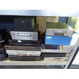 Large collection of electronics including Philips compact disc player, Panasonic VHS player,