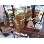 Collection of metal wares incl. brass banded copper bucket, various brass pourers, 2 metal jugs,