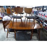 Mid Century extending dining table with 4 matching grey upholstered dining chairs