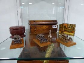 3 silver hallmarked miniature carriages, small wooden bowl with inset silver lid, silver cigarette