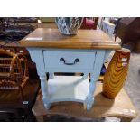 Green painted side table with single drawer and pine surface