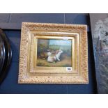 Gilt framed painting of 2 rabbits, signed Gleasson