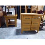 2 light oak pieces of furniture, a miniature 6 drawer chest and a coffee table