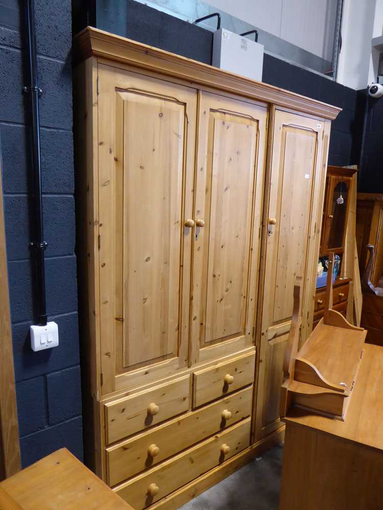 Modern pine triple wardrobe with 4 integral drawers