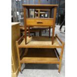 Small mid century teak single drawer side table and a mid century 2 tier serving trolley