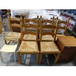Set of 6 light oak rush seated dining chairs