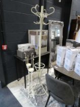Cream coloured metal free-standing hat and coat rack and 2 matching candle holders