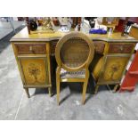 Ornate writing desk with 2 cupboards and 3 drawers and matching bergere backed chair