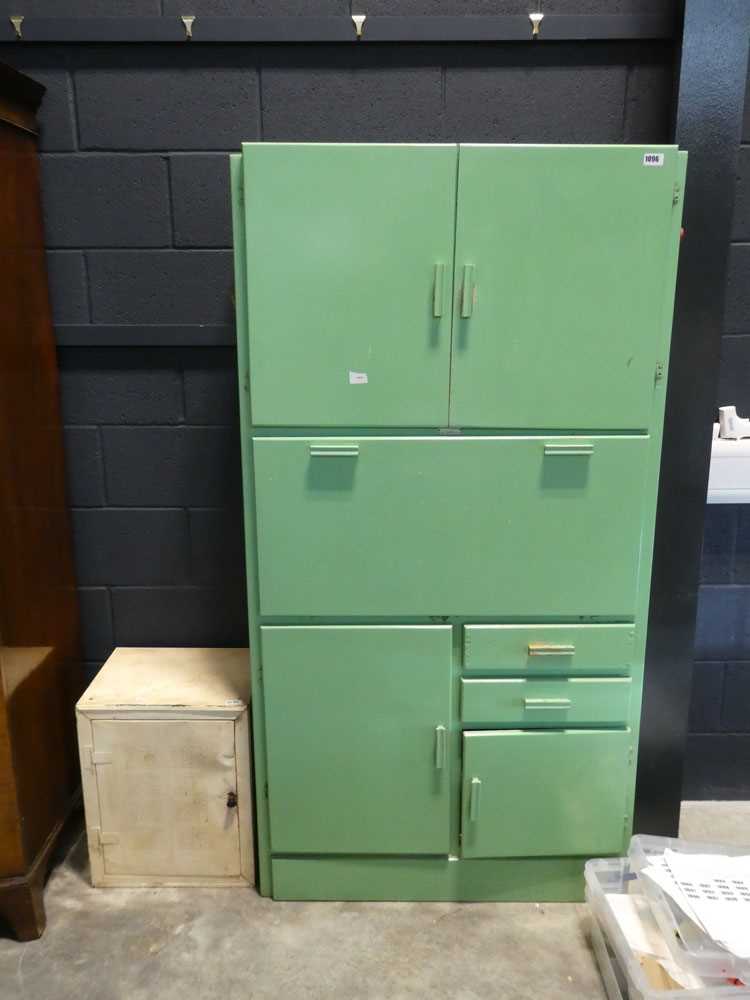 1950s green painted pantry cupboard and a small white metal perforated food store