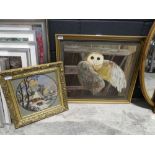 Framed painting of an owl and a framed tapestry of a country scene