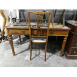 Mahogany 2 drawer writing table with green leather surface and Edwardian inlaid chair