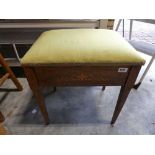Mahogany inlaid piano stool with green upholstered cushion