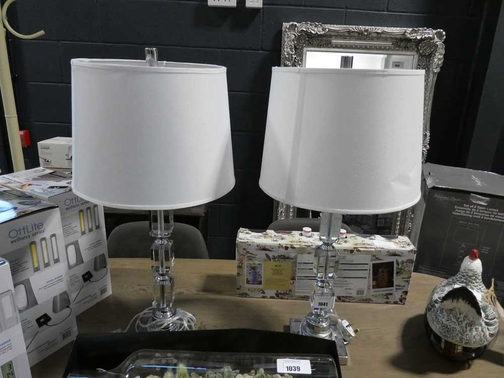 +VAT Pair of acrylic chrome table lamps with white shades