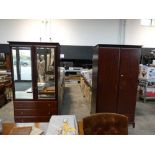 Pair of Stag mahogany effect wardrobes, 1 having beveled mirror doors and 3 drawers below, the other