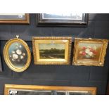 Gilt framed castle scene and 2 gilt framed floral pictures