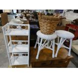 Quantity of wicker incl. 3 tier book shelf, 2 white painted stools, 1 further stool and waste