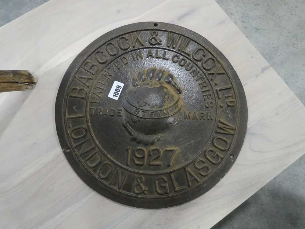 Circular cast iron plaque, Babcock & Wilcox. Ltd. London & Glasgow, patented in all counties steam