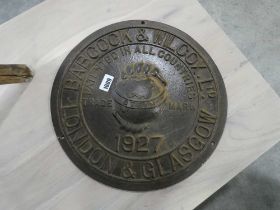 Circular cast iron plaque, Babcock & Wilcox. Ltd. London & Glasgow, patented in all counties steam