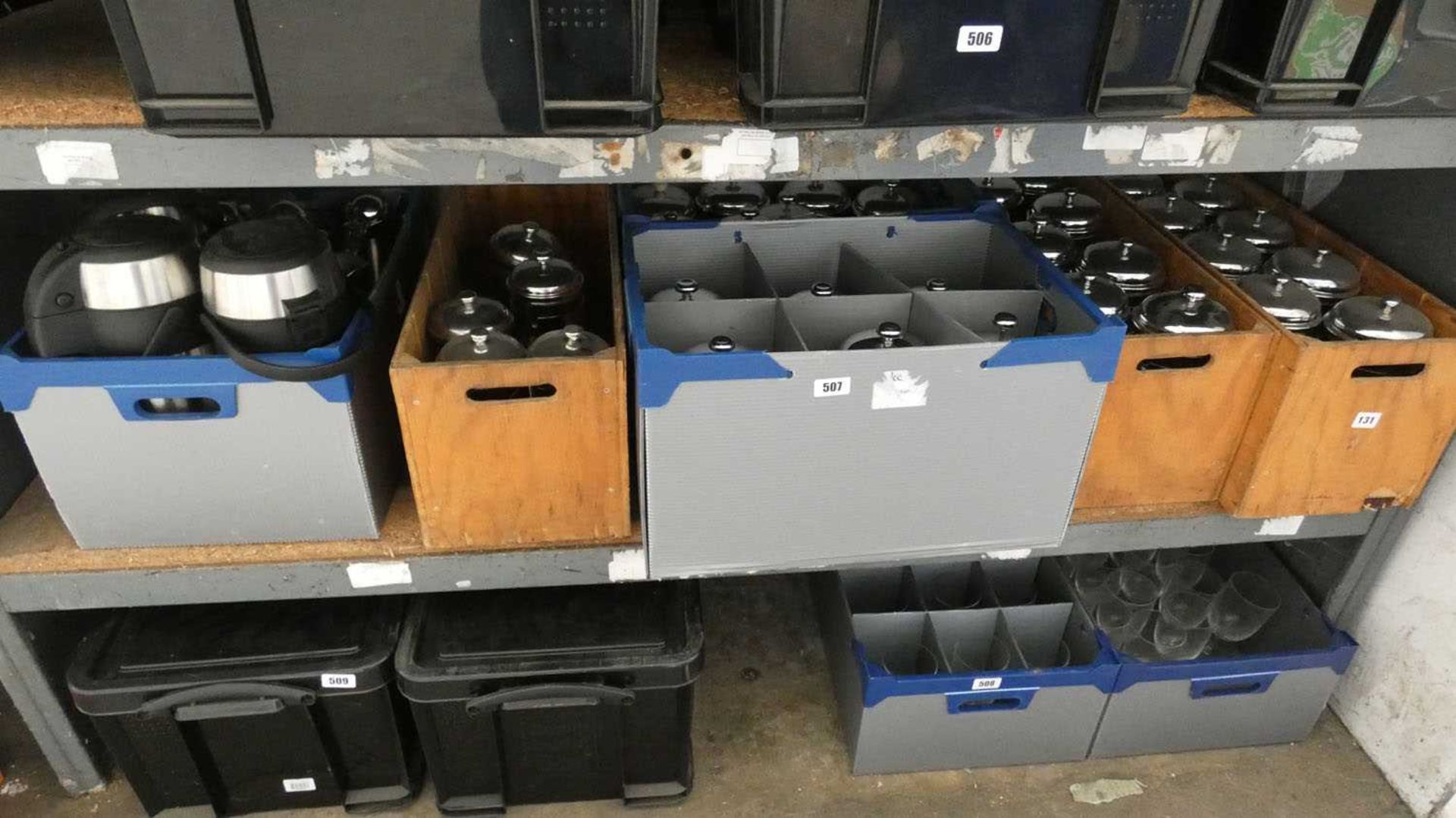 Shelf of coffee percolators, hot drinks flasks and air-pots