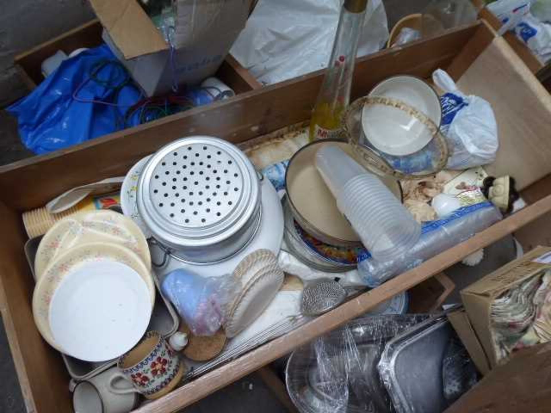 3 x wooden drawers containing assorted crockery, disposable items, plastics etc