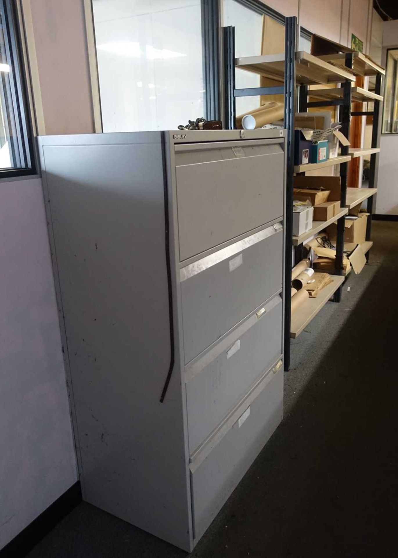 +VAT Bisley 4 drawer lateral filing cabinet, 2 shelf units and small selection of assorted