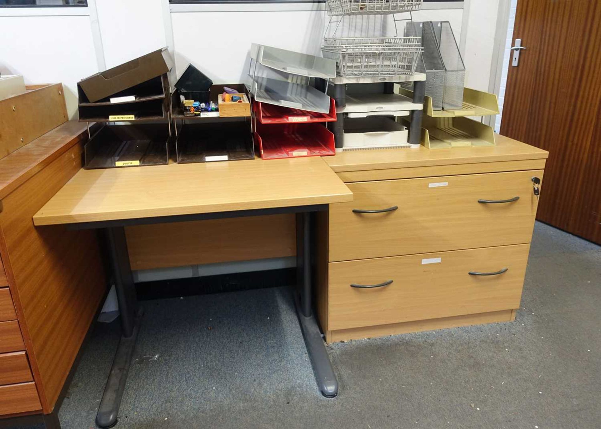 +VAT The remaining furniture contents of the front office to include; 5 light oak radial desks ( - Image 6 of 7