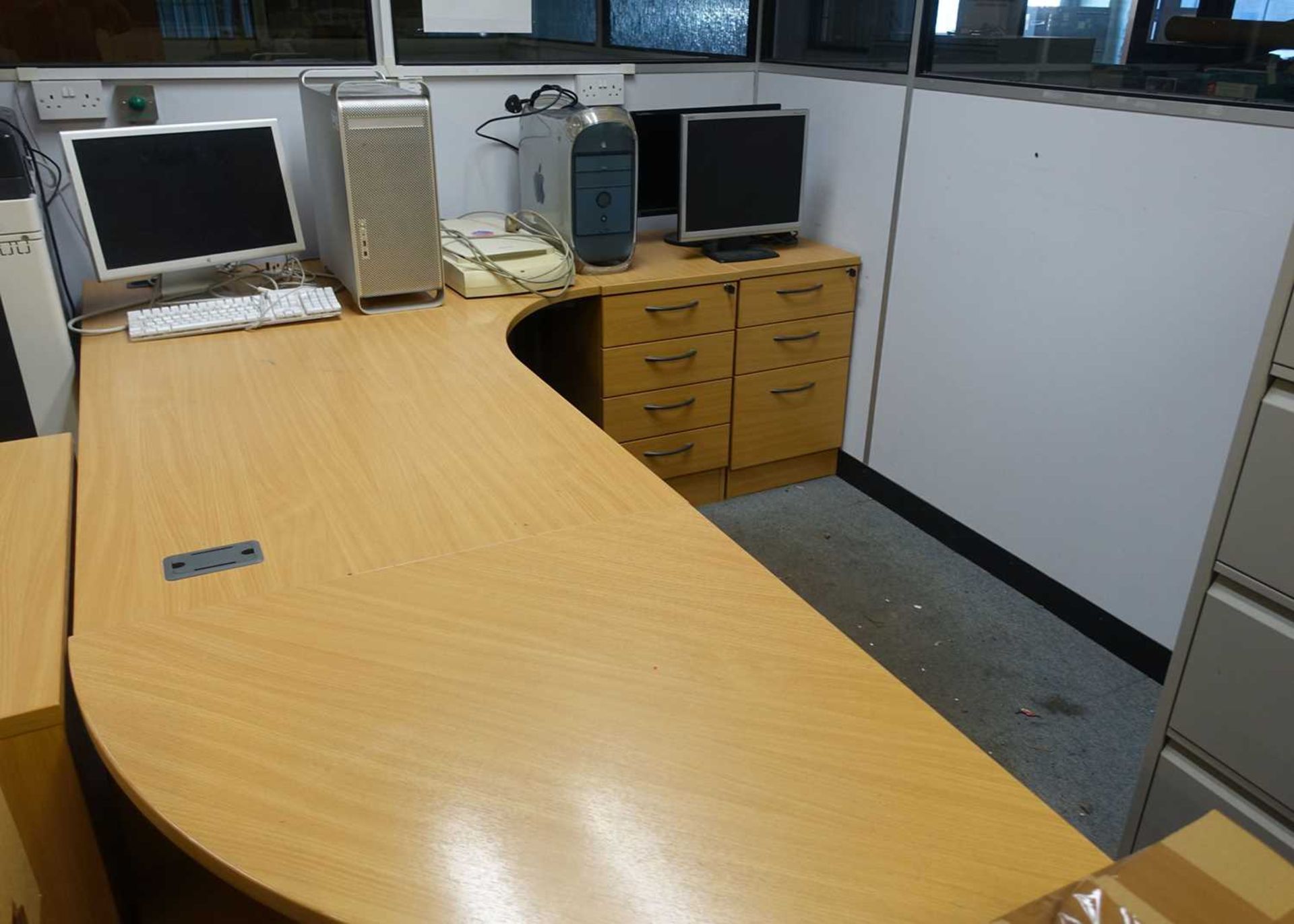 +VAT The remaining furniture contents of the front office to include; 5 light oak radial desks ( - Image 4 of 7