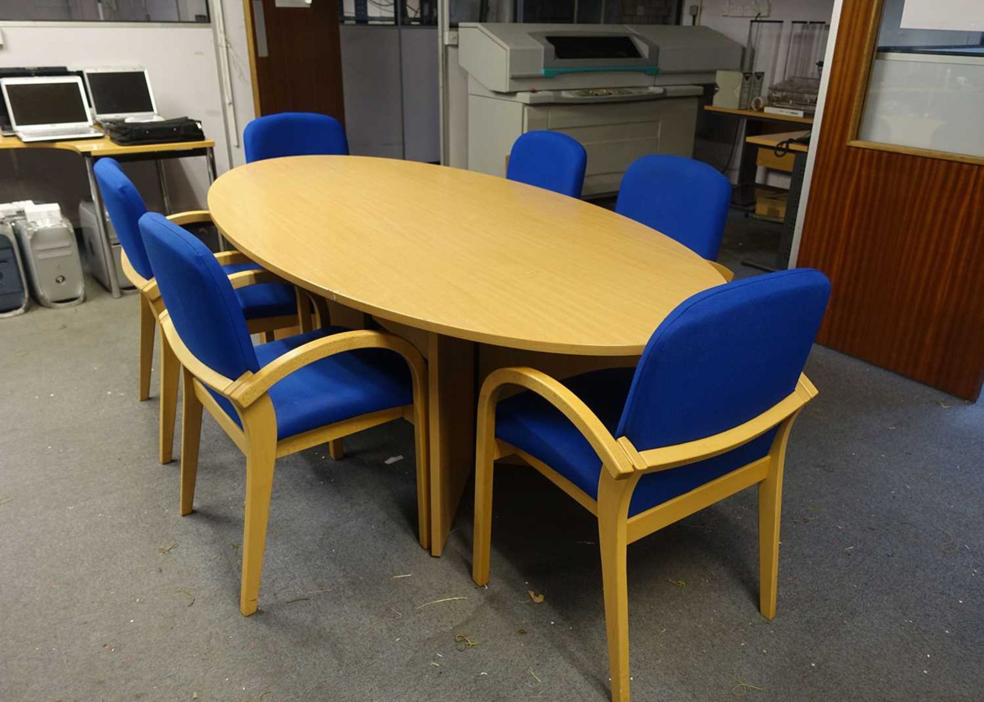 +VAT Boat shape boardroom table with 6 matching stacking chairs - Image 2 of 2