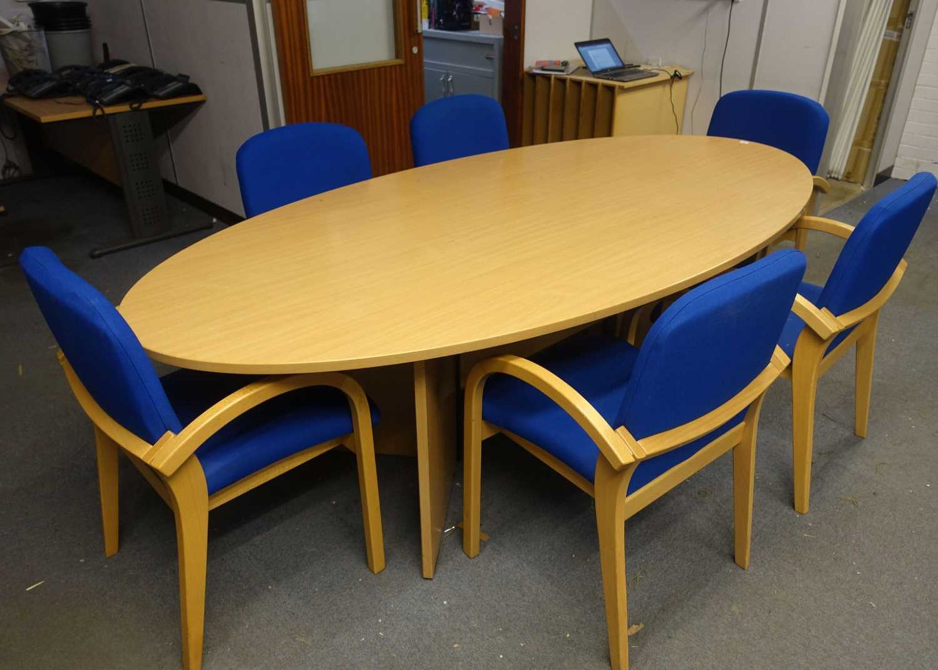 +VAT Boat shape boardroom table with 6 matching stacking chairs