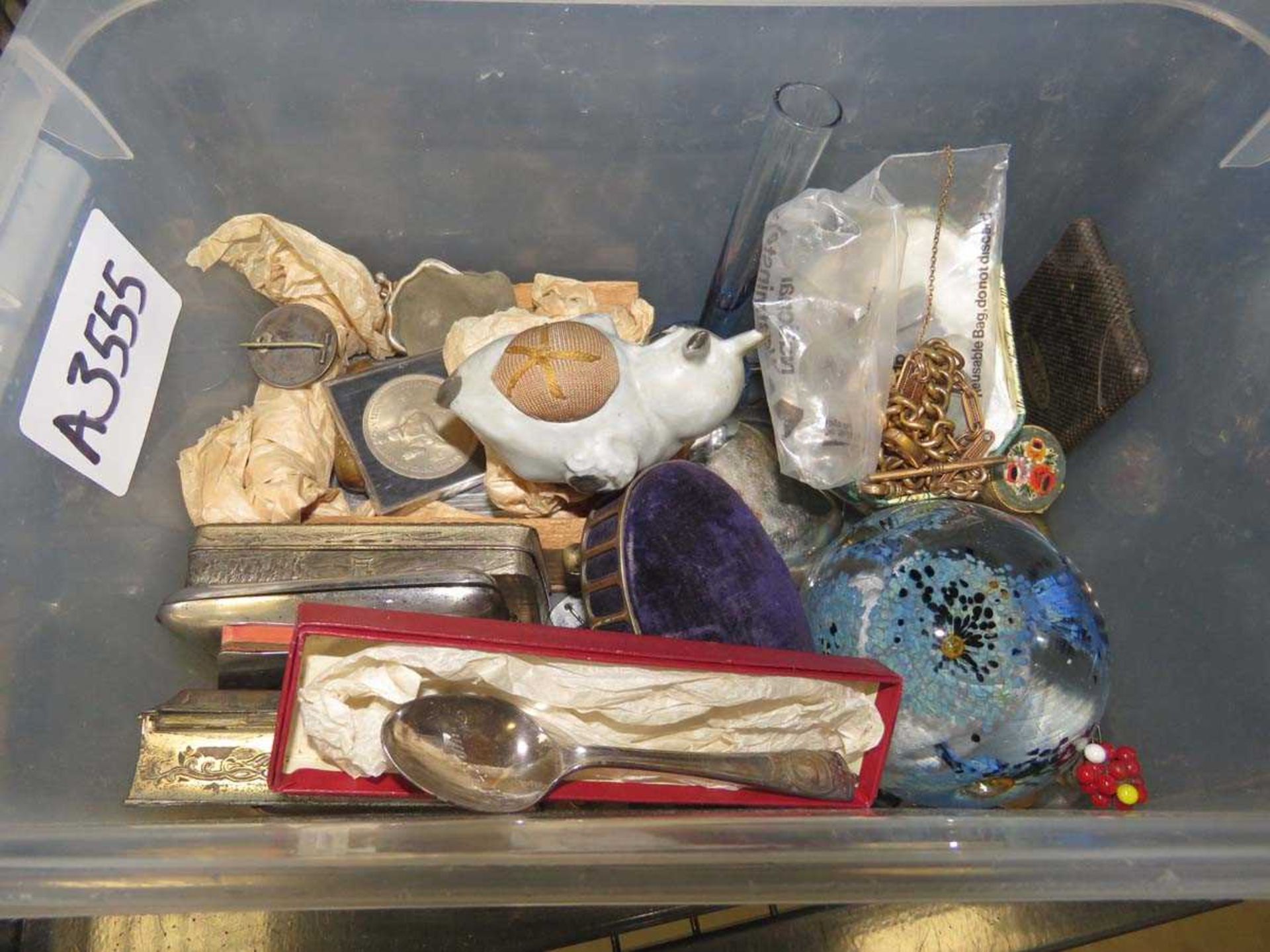 Cage containing cigarette boxes, coins, badges, rolled gold jewellery, paperweight, pill boxes and a