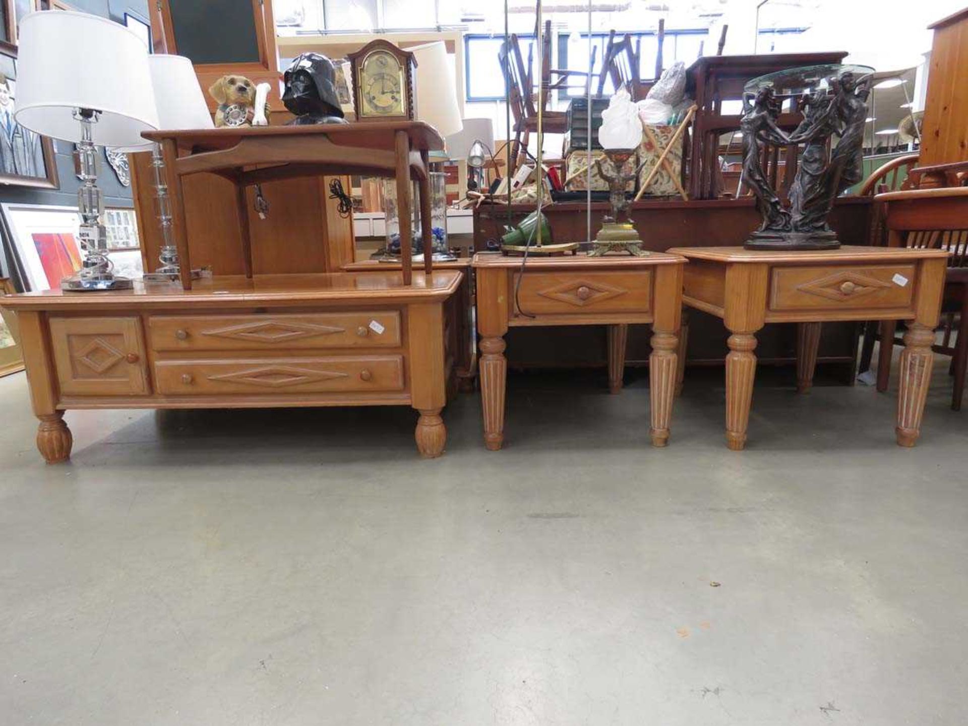 Pine coffee table plus a pair of single drawer lamp tables