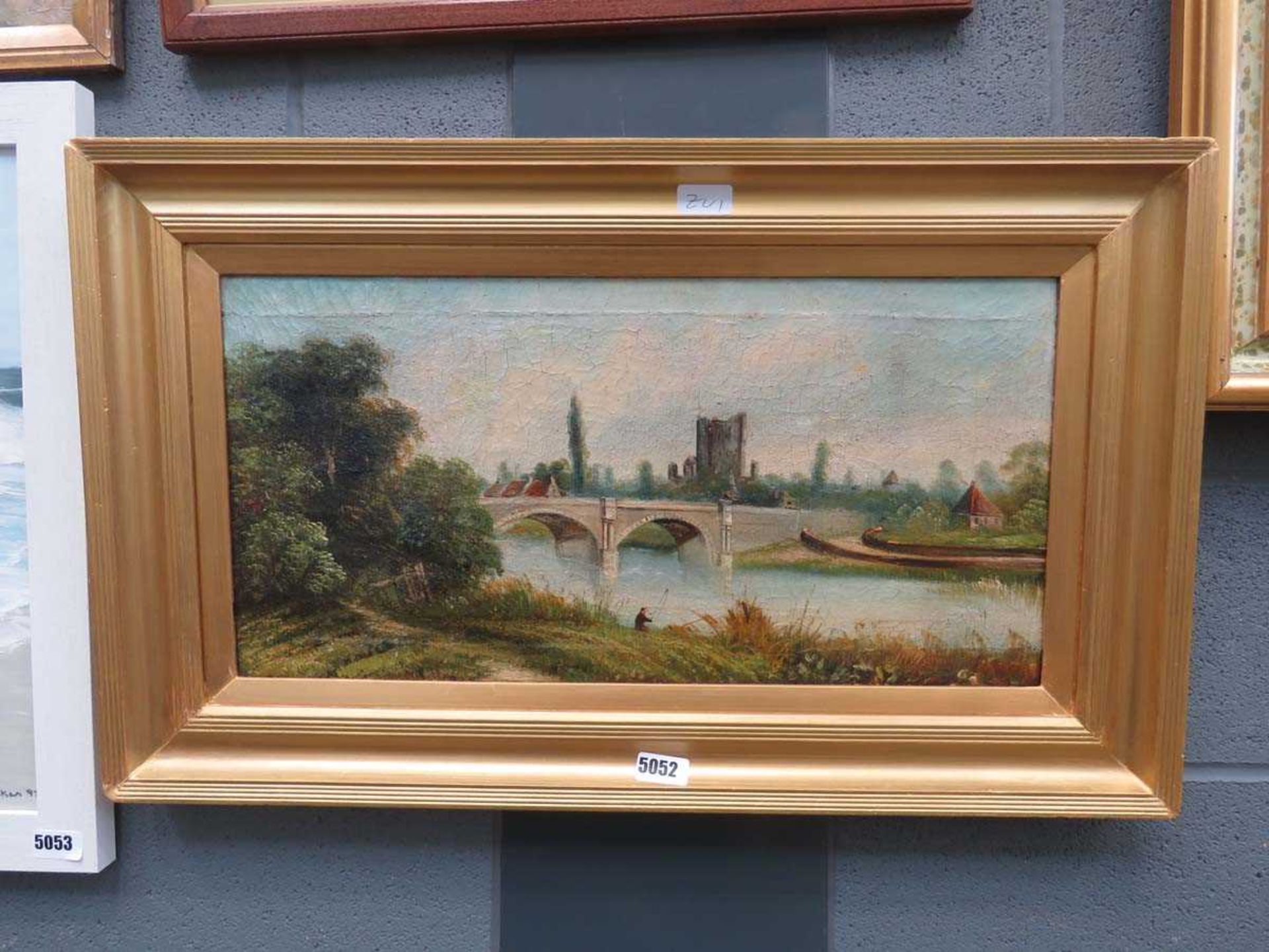 Oil on canvas of river, bridge, church and man fishing