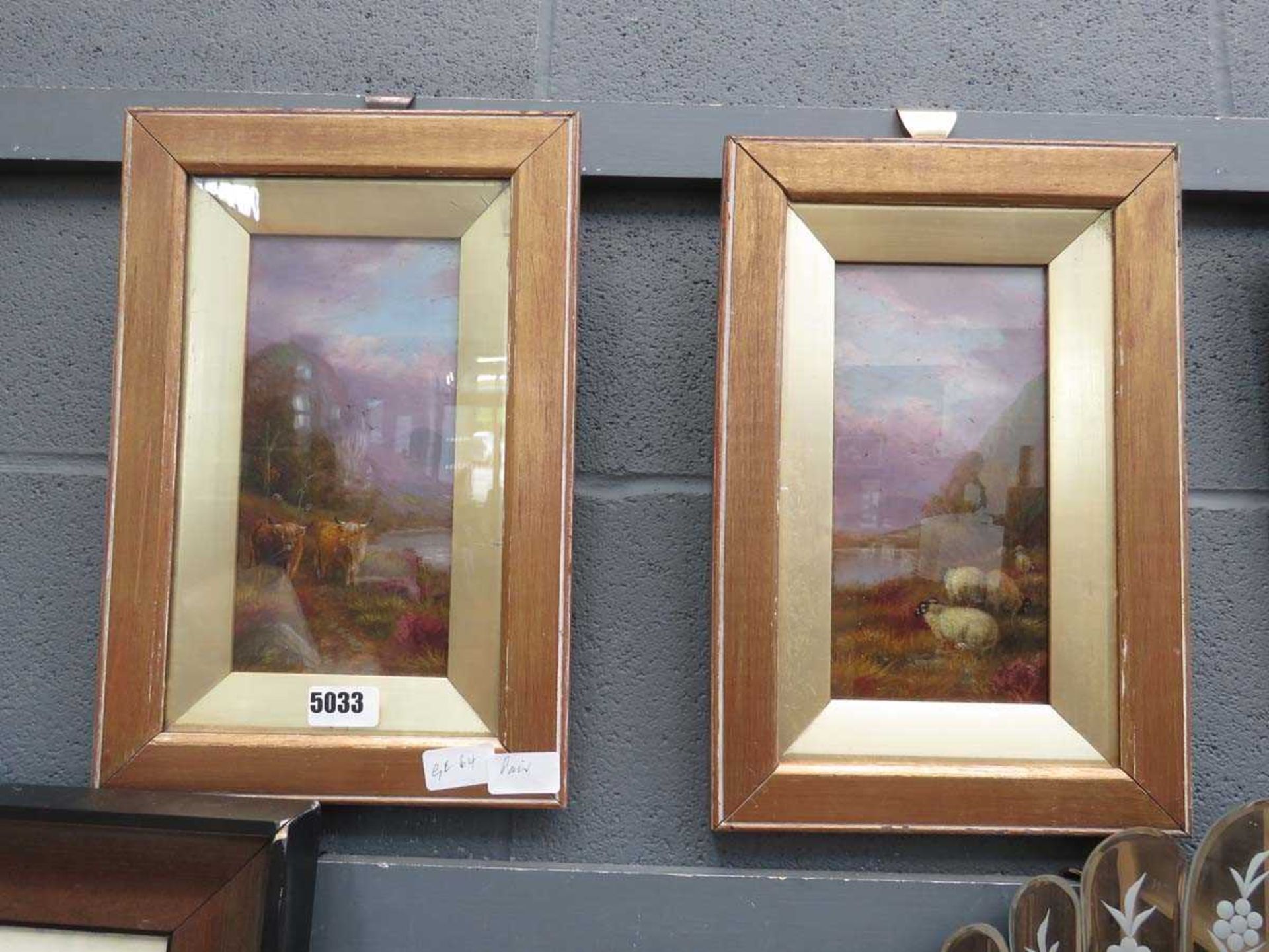 Pair of oils of cattle and sheep in a Highland setting