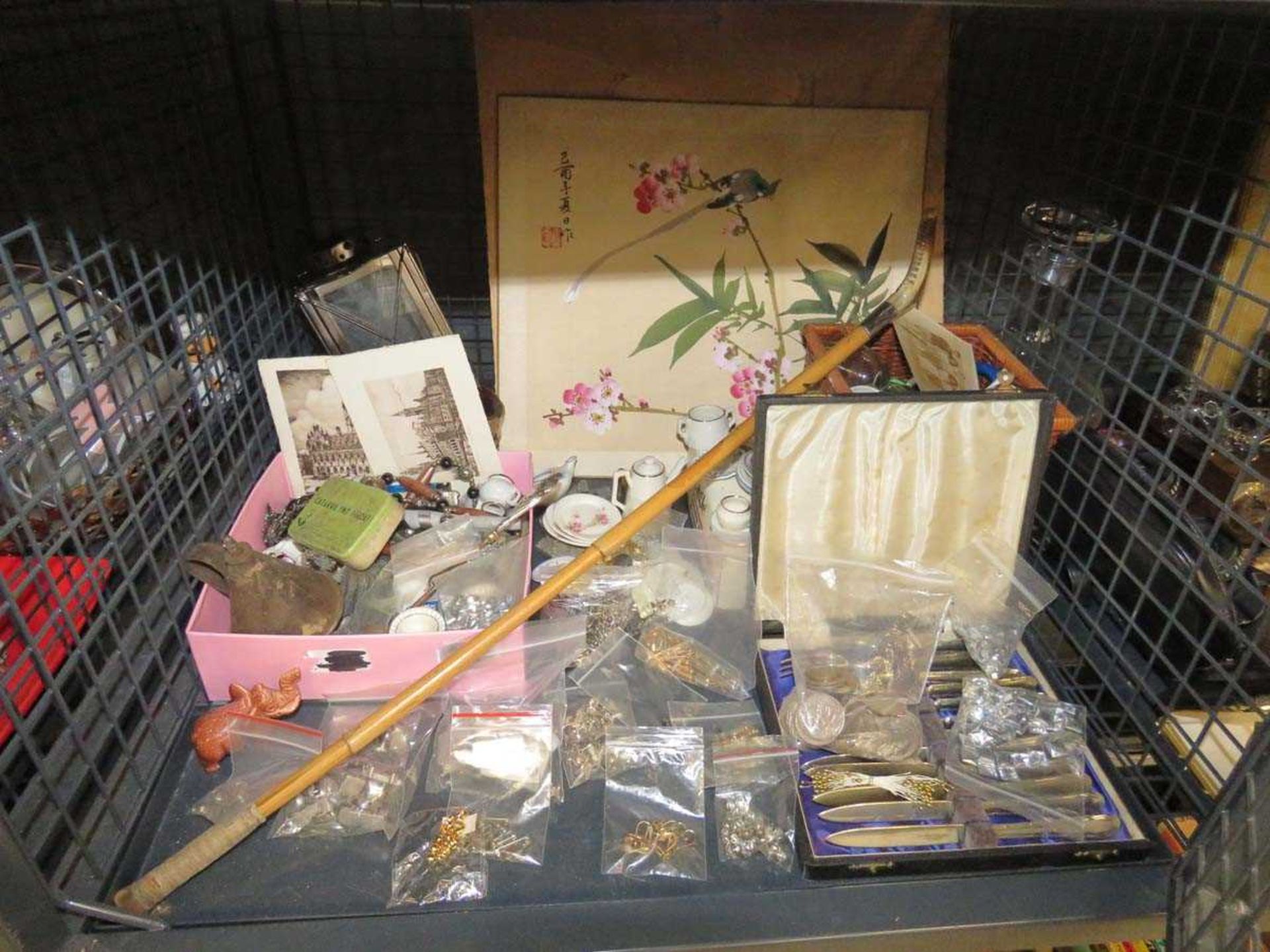 Cage containing coinage, cased cake knife and fork set, Chinese print, riding crop, jewellery and