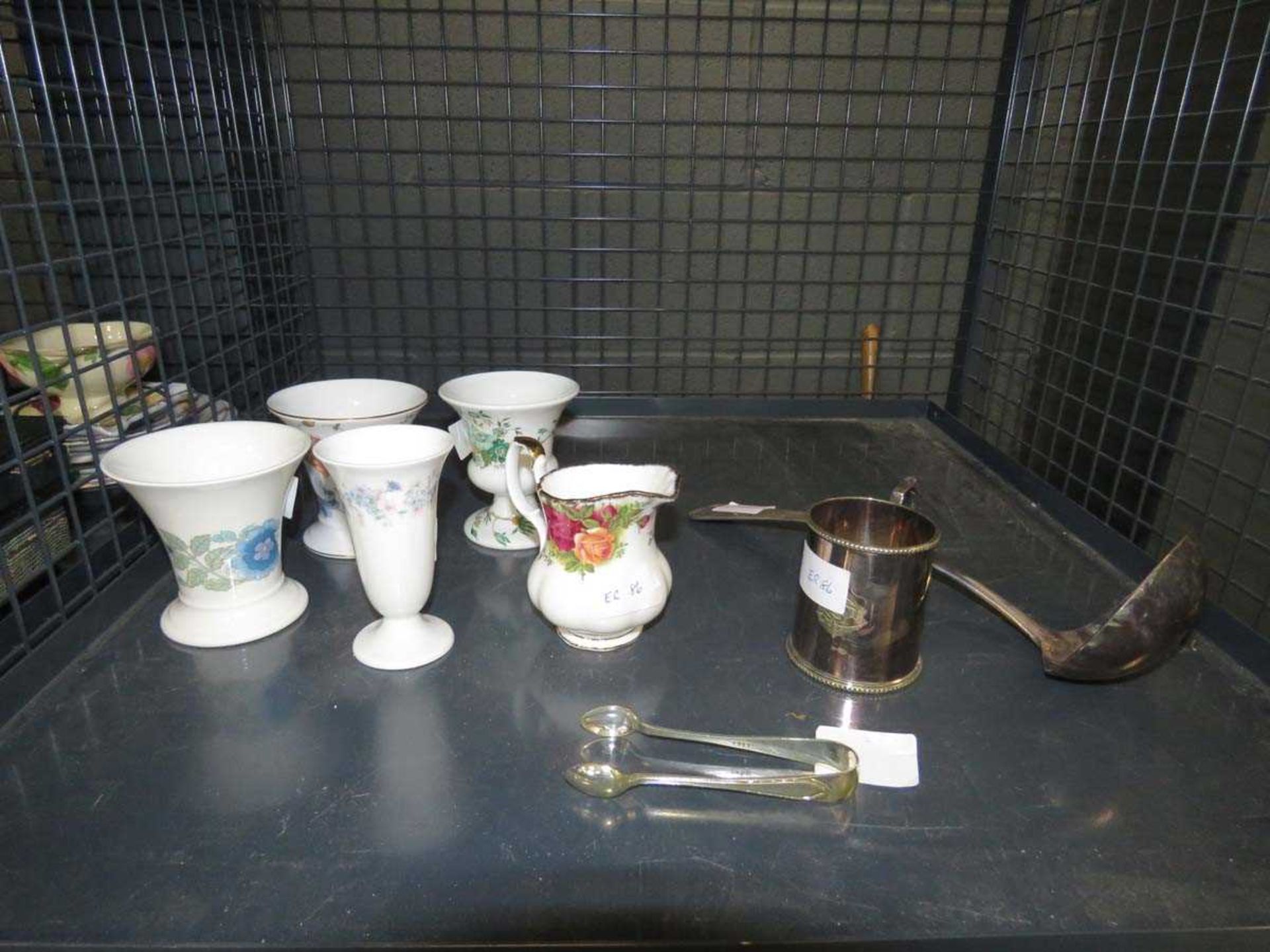 Cage containing sugar nibs, ladle, mug plus Wedgewood, Royal Albert and other vases