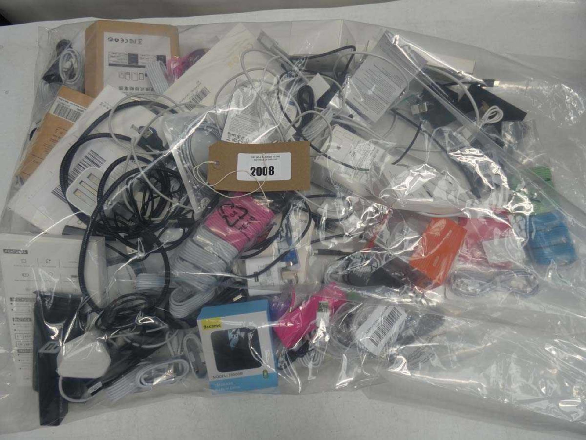 +VAT Bag containing quantity of mobile phone accessories; leads, adapters, earphones, etc